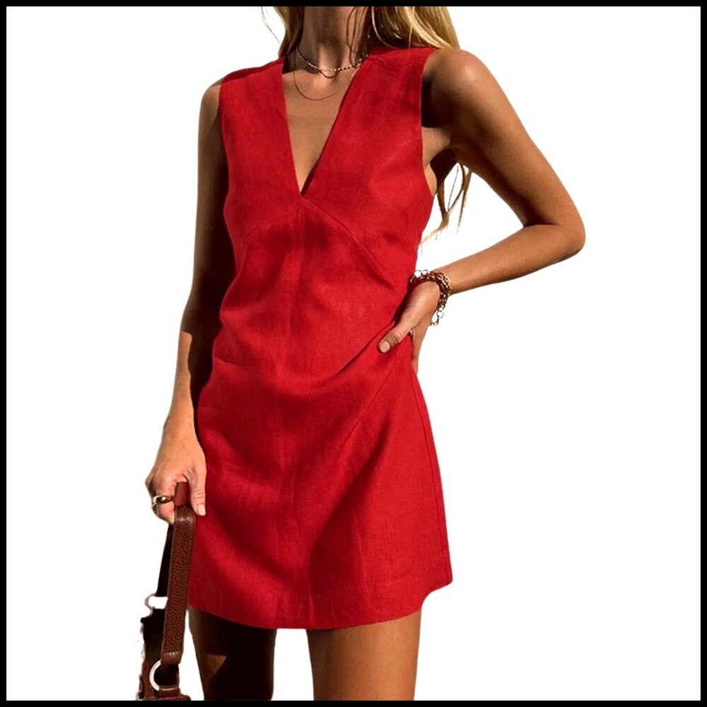 Sleeveless Mini Dress Cotton Linen V Neck A Line Slim Fit Summer Casual